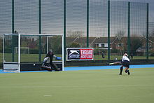 A penalty stroke consisting of a single stroke by an attacker against the goalkeeper from the penalty spot. Penalty stroke.jpg