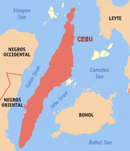 Cebu Island in red<br>Other parts of the Province in white