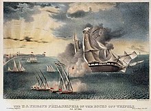 An artist's depiction of the Philadelphia aground off Tripoli, in October 1803 PhiladelphiaAground.jpg