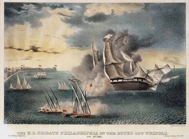 An artist's depiction of the Philadelphia aground off Tripoli, in October 1803