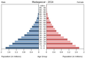 English: The population pyramid of Madagascar illustrates the age and sex structure of population and may provide insights about political and social stability, as well as economic development. The population is distributed along the horizontal axis, with males shown on the left and females on the right. The male and female populations are broken down into 5-year age groups represented as horizontal bars along the vertical axis, with the youngest age groups at the bottom and the oldest at the top. The shape of the population pyramid gradually evolves over time based on fertility, mortality, and international migration trends. Українська: Віково-статева піраміда населення Мадагаскару за 2014 рік. Вона дає наочне уявлення про вікову і статеву структура населення країни, може слугувати джерелом інформації про політичну і соціальну стабільність, економічний розвиток. Блакитними кольорами ліворуч, у вигляді горизонтальних смуг показані вікові групи (з кроком 5 років кожна) чоловічої статі, праворуч рожевими — жіночої. Наймолодші вікові групи — внизу, найстаріші — вгорі. Форма піраміди поступово еволюціонує з плином часу під впливом чинників народжуваності, смертності і світової міграції.