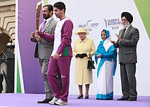 The 2010 Queen's Baton Relay inauguration at Buckingham Palace in London, United Kingdom Pratibha Devisingh Patil witnessing the starting of Baton Relay by Olympian Shri Abhinav Bindra with the Chairman of Organising Committee, Commonwealth Games 2010 Delhi.jpg