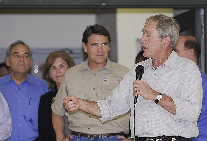 File:President George W. Bush along with Texas Governor Rick Perry take a moment to personally thank Hurricane Gustav relief workers.jpg