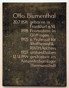 RWTH Aachen, Hauptgebäude, Gedenktafel ve Otto Blumenthal.jpg