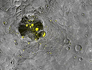 Radar-bright deposits near the north pole. Tolkien is above left of center. Radar-bright Deposits near Mercury's North Pole messenger orbit image20120322.jpg