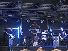 Rolo Tomassi performing at the Camden Crawl in 2010. (From left to right) Joe Nicholson, Eva Spence, Edward Dutton, James Spence and Joseph Thorpe. Rolo Tomassi-Candem Crawl 2010 2.jpg