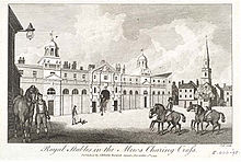 The 'Royal Stables in the Mews, Charing Cross' in 1793. Royal Stables in the Mews, Charing Cross. Etching by Cook, 1793.jpg