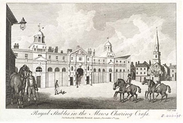 The 'Royal Stables in the Mews, Charing Cross' in 1793.