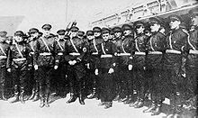 Anti–communist Russian Fascist Party Blackshirts, inspired by Italian Fascism, at Harbin Railway Station, 1934, waiting for arrival of their leader Konstantin Rodzaevsky