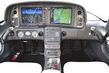 Glass cockpit in a Cirrus SR22. Note the three analog standby instruments near the bottom of the main instrument panel. SR22TN Perspective Cockpit.jpg
