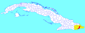 San Antonio del Sur municipality (red) within Guantánamo Province (yellow) and Cuba