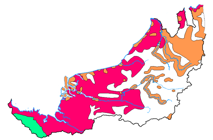 Distribution géographies des langues utilisées au Sarawak : malais, langues Bornéo du Nord, dayak des terres