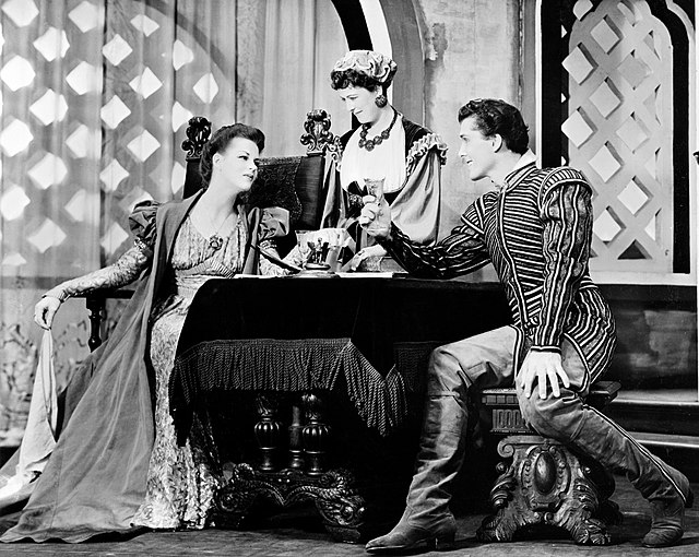 Scene from Margaret Webster's Broadway production of Othello (1943) with Uta Hagen as Desdemona, Webster as Emilia, and Jack Manning as Roderigo