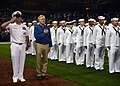 Secretary of the Navy Ray Mabus places his hand over his heart during the national anthem before a Major League Baseball game between the San Diego Padres and the Los Angeles Dodgers at Petco Park (Sept. 25, 2012).jpg
