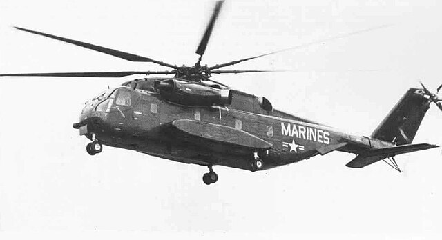 The YCH-53E on its first flight, 1 March 1974; note that the horizontal stabilizer differs from the production version