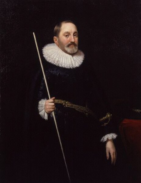 Sir Thomas Edmondes, holding a white staff, symbol of certain senior officers of the Royal Household