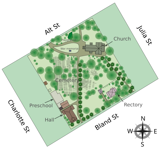 Vector graphics site map with streets, buildings, the cemetery, pathways, and trees marked.