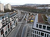Tunnelrampe zur Stadtbahnhaltestelle Budapester Platz, rechts Europe-Plaza, links Milaneo