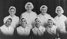 Group of Ipswich Hospital nursing students, ca. 1930. The students included in the back row from left to right: Jean McLelland (POW in Japan for three years during World War II), Ruth Robson, Sylvia Rudd, Elsie Spencer. In the front row from left to right were: Elaine Jones, Frances Leetch, Mavis Munsell, and Rita Cooney. StateLibQld 1 294023 Group of Ipswich Hospital nursing students, ca. 1930.jpg