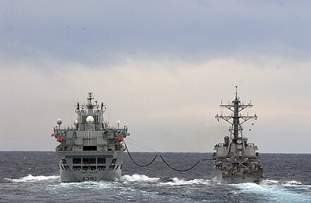 USS Donald Cook receives fuel during a replenishment at sea (RAS) with RFA Wave Ruler.