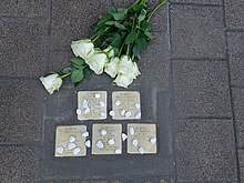 cinq Stolpersteine avec des fleurs et des pierres