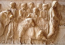 Romans sacrificing a pig, a sheep, and a bull during a suovetaurilia Suovetaurile Louvre.jpg