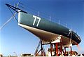 "Superbigou", le "60 pieds Open" de Bernard Stamm, en chantier sur le port de Lesconil, avant sa mise à l'eau le 11 février 2000