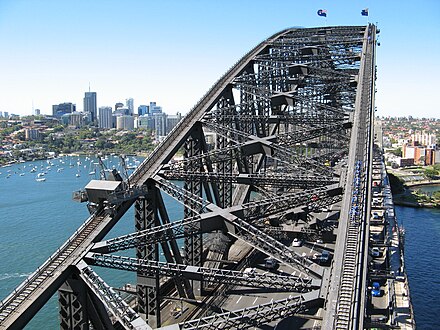 Two groups of bridge climbers, as seen from Pylon Lookout