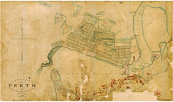 The second town plan of Perth in 1838, showing the extension of lots northwards and eastward from those depicted in 1833. The second town plan of Perth, in 1838.jpg