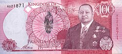 100 pa‘angan seteli, jossa kuvattuna kuningas Tupou V