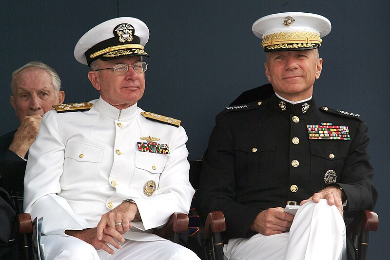 File:US Navy 040528-N-2383B-107 Chief of Naval Operations, Adm. Vern Clark and Commandant of the Marine Corps, Gen. Michael W. Hagee look on during the U.S. Naval Academy Class of 2004 Graduation and Commissioning Ceremony.jpg