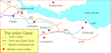 Karte des Forth an Clyde Canal und des Union Canal