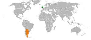 Mapa indicando localização da Reino Unido e do Argentina.