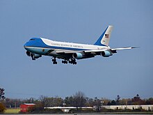 SAM 29000, one of two VC-25As used as Air Force One, approaching Dayton International Airport in October 2012 United States Air Force Boeing VC-25 (92-9000) landing at Dayton International Airport (1).jpg