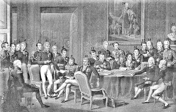 Metternich alongside Wellington, Talleyrand and other European diplomats at the Congress of Vienna, 1815