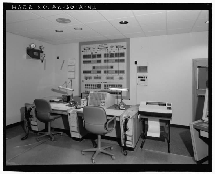 File:View of CSMR room equipment status board and operators console with two phone links to MWOC in transmitter building no. 102. - Clear Air Force Station, Ballistic Missile Early Warning HAER AK-30-A-42.tif