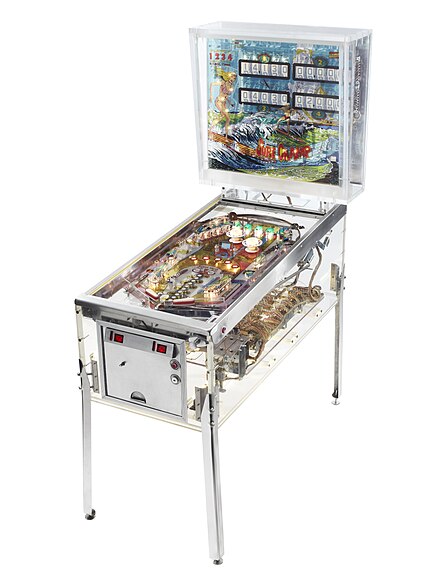 A clear-walled electromechanical pinball machine created by the Pacific Pinball Museum to illustrate the inner workings of a typical pinball machine