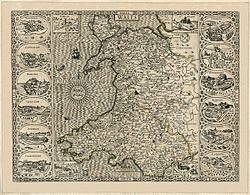 John Speed's map of Wales, made in 1610. The town of Flint can be seen at the top right Wales, Pays de Galles, par John Speed, 1610, BNF Gallica.jpg