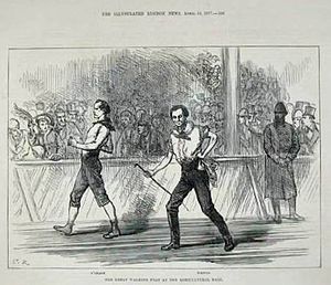 Afbeelding van Edward Payson Weston (rechts) en Daniel O'Leary in hun oppositie uit 1877 in Agricultural Hall in Londen.