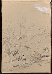 Two Men on Horses Crossing a Stream