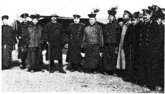 The Russian plenipotentiary M. Korostovetz greeted on his arrival, by the Mongol princes and cabinet ministers, at Urga in September, 1912 With the Russians in Mongolia 058.png
