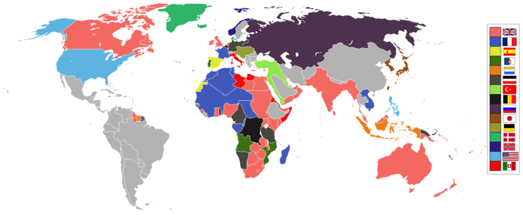 World powers and empires in 1914, just before the First World War.
(The Austro-Hungarian flag should be shown instead of the Austrian Empire's one) World 1914 empires colonies territory.PNG