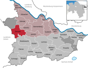 Poziția Zernien pe harta districtului Lüchow-Dannenberg