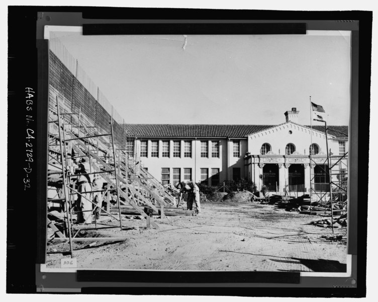 File:"Construction of new library in 1963". Photo no. 7. Administration Building, north part of west front, showing chimney, iron gates, and art stone, decoration of the main HABS CA-2729-D-32.tif