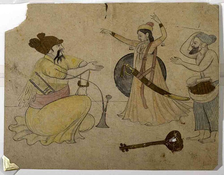 File:'A Man with a Huqqah (smoking pipe) and Dancing Girl or The Amazons of Ranjit Singh' by an unknown artist, ca.1840–50.jpg