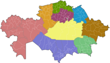 Eparchies of the Orthodox Church in Kazakhstan: Astana and Almaty (bright green); Karaganda and Shakhtinsk (yellow); Kokshetau and Akmola (bright purple); Kostanay and Rudny (orange); Oral and Aktobe (red); Pavlodar and Ekibastuz (blue); Petropavlovsk and Bulaevo (green); Shymkent and Taraz (purple); Oskemen and Semey (brown) Kazakhstanskii mitropolichii okrug (2011).png