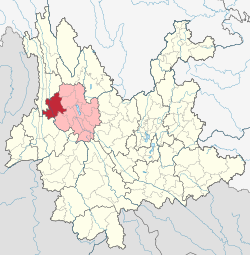 Location of Yunlong County (red) and Dali Prefecture (pink) within Yunnan