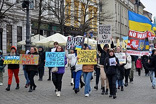 Ukrainian refugees in Krakow protesting against the war, 6 March 2022 02022 1199 Refugees from Ukraine in Krakow.jpg