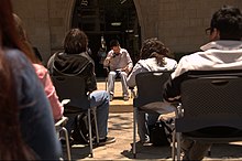 Forum on reading aloud held outside the campus library at the Monterrey Institute of Technology and Higher Education, Mexico City for the occasion 04232012Foto lectura voz alta14.jpg