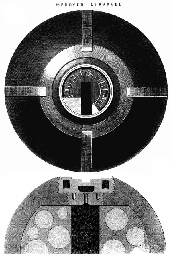 This engraving shows a 12-pounder U.S. shrapnel shell c. 1865. It is fitted with a Borman fuze. In the cutaway view, the dark grey is the wall of the 